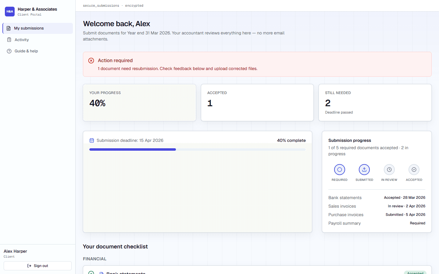 Client self-service portal with document upload status and deadlines