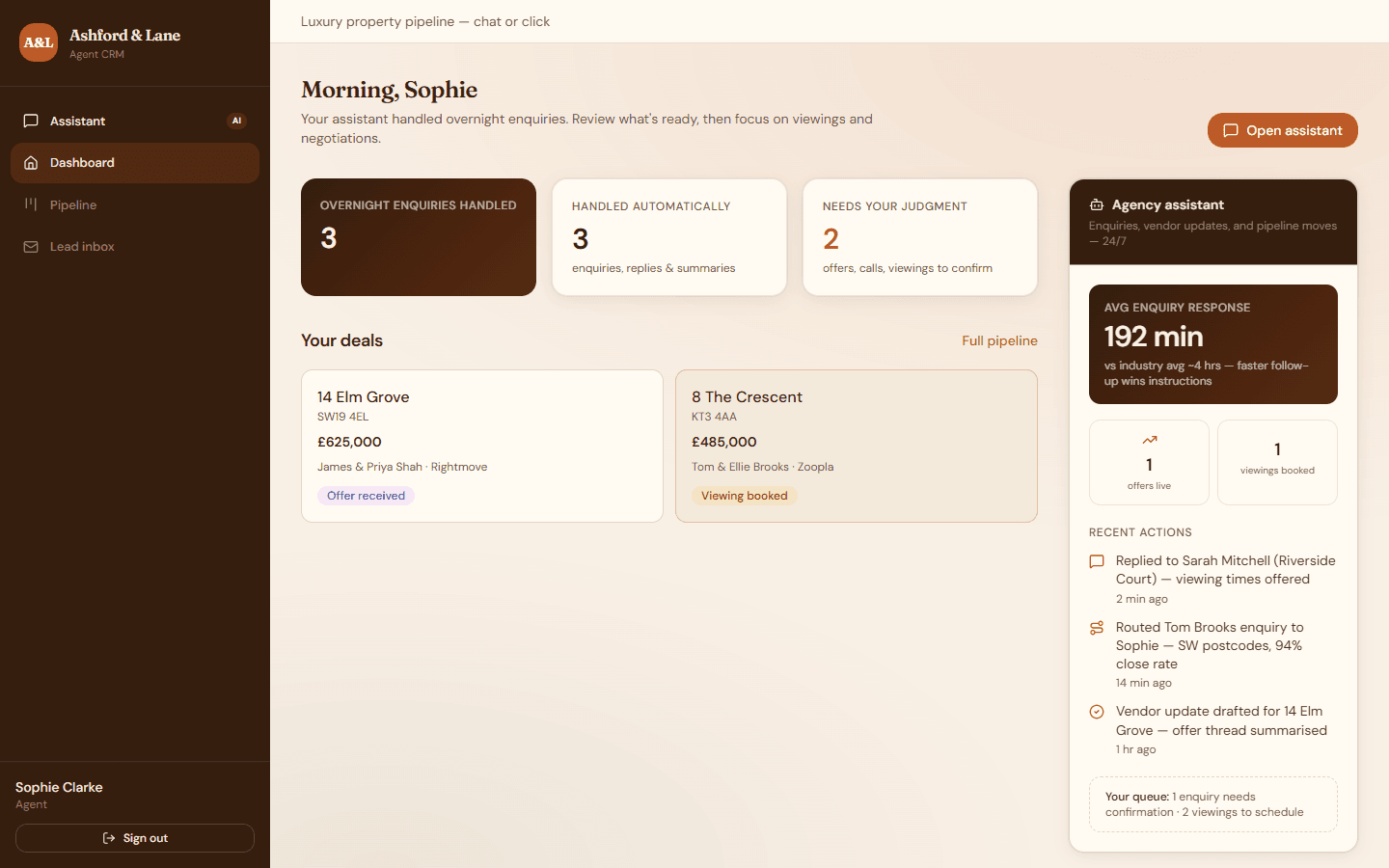 Agent dashboard with overnight enquiry workspace and deal pipeline