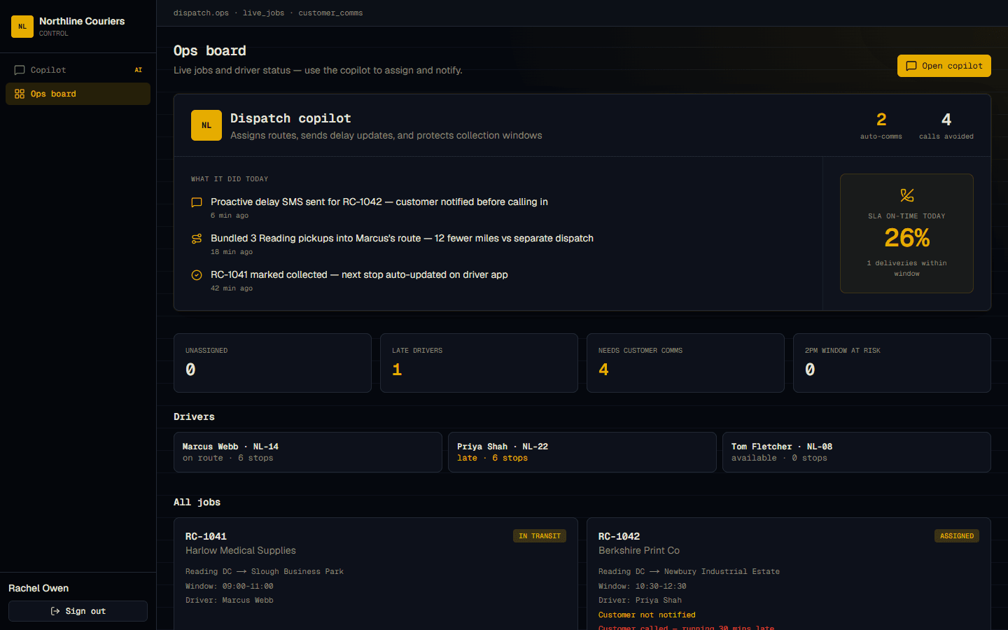 Live ops board with drivers, jobs, and exception signals